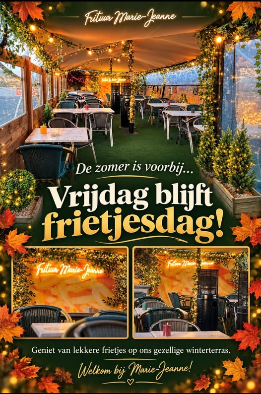 Facebookfoto van Frituur Marie-Jeanne: het verlichte winterterras met de tekst Vrijdag blijft frietjesdag!